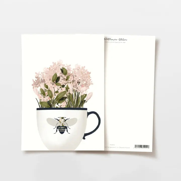 Postkarte / Tasse mit Rosa Blumen und Bienen