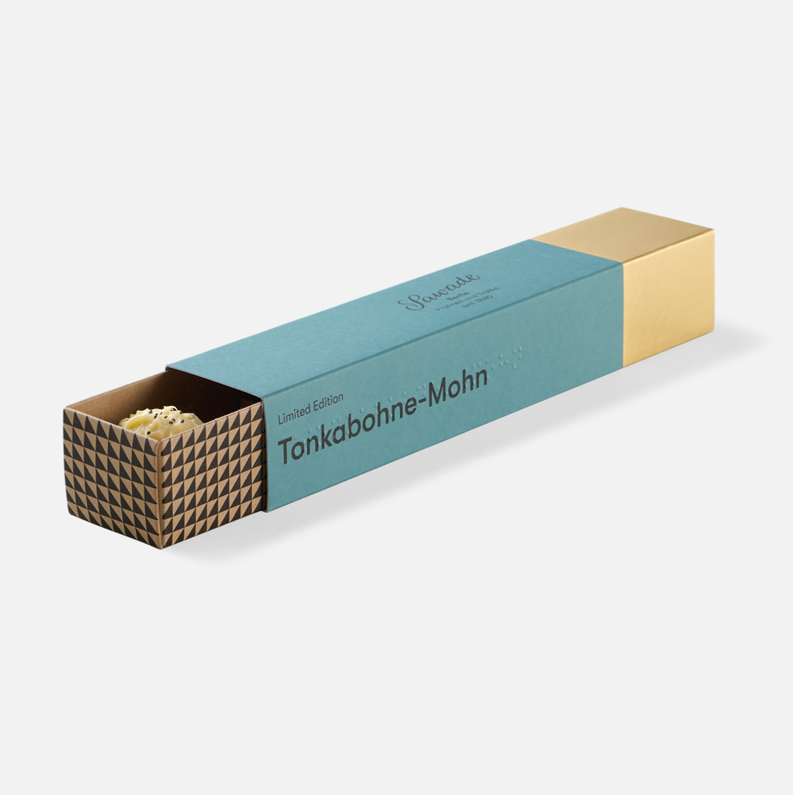 Verpackung Graublau mit Gold für Pralinen