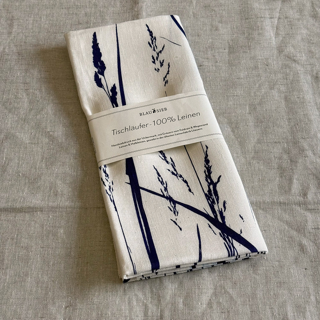 Leinen-Tischläufer / Das große Rasenstück / Siebdruck / blau