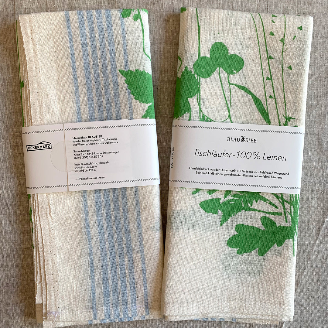 Leinen-Tischläufer / wild & gezähmt / Siebdruck / Maigrün