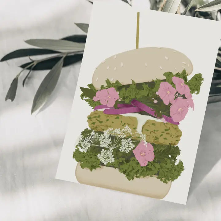 Postkarte / Burger mit Blumen