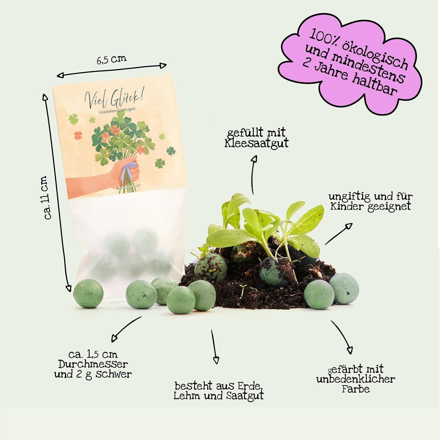 Blumenmurmeln - Viel Glück - Kleestraus - 5 Murmeln im Tütchen