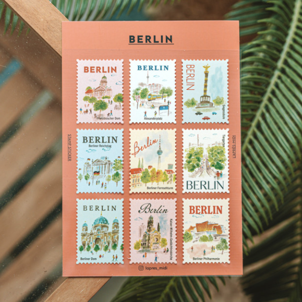 Briefmarken-Sticker, Französischer Dom, Alexanderplatz, Siegessäule, Reichstag, Fernsehturm, Tiergarten, Dom, Philharmonie, Gedächtniskirche