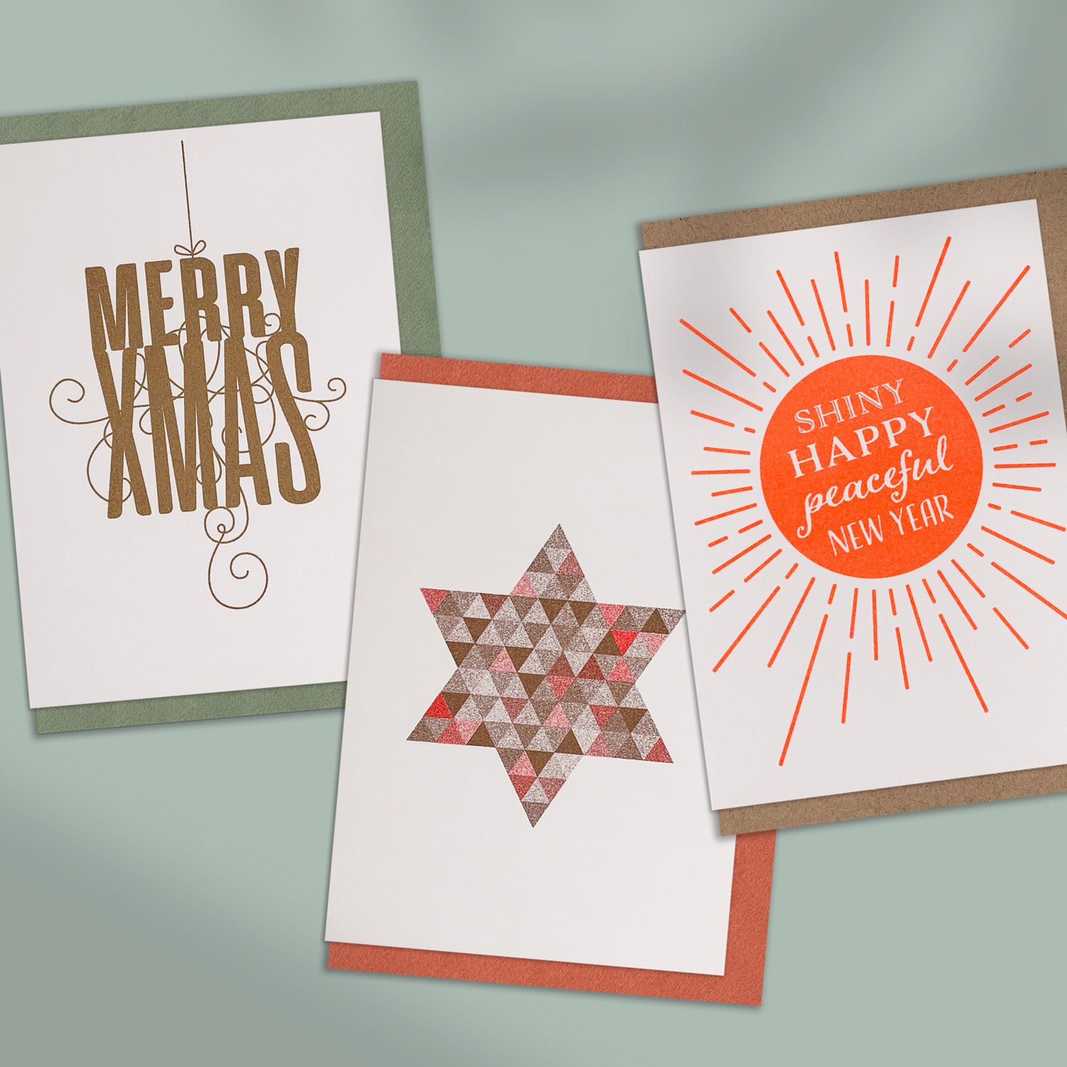 3er-Set Weihnachtskarten / Merry Xmas, Stern & Happy New Year